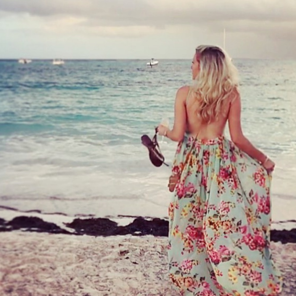 Lime Lush Mint Floral Beachy Open Back Maxi Dress